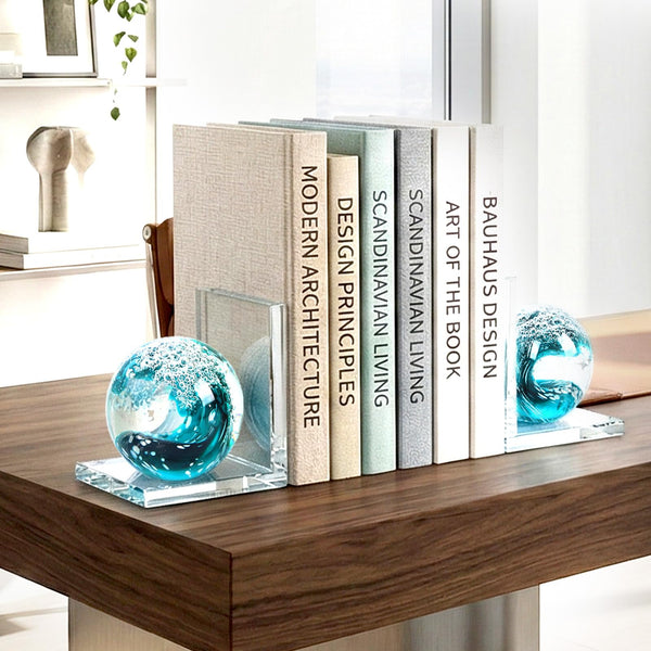 Glass Sea Wave Bookends Set of 2