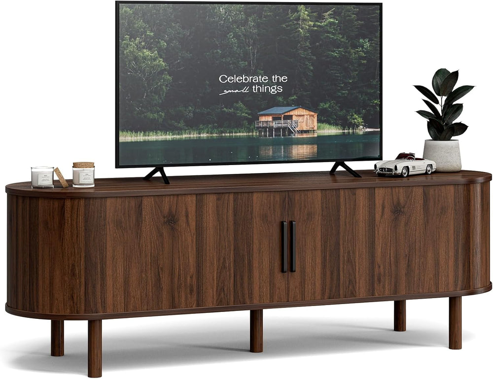 Mid-Century TV Stand with Sliding Doors & Storage Cabinets