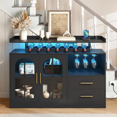 Wine Bar Cabinet with LED Lights & Charging Station