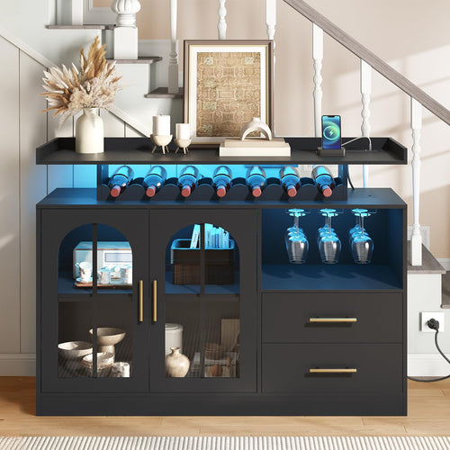Wine Bar Cabinet with LED Lights & Charging Station
