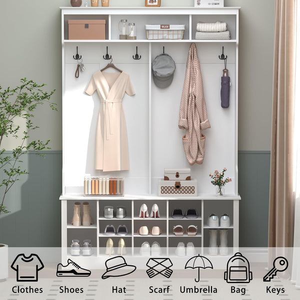 Farmhouse Hall Tree with Bench and Shoe Storage