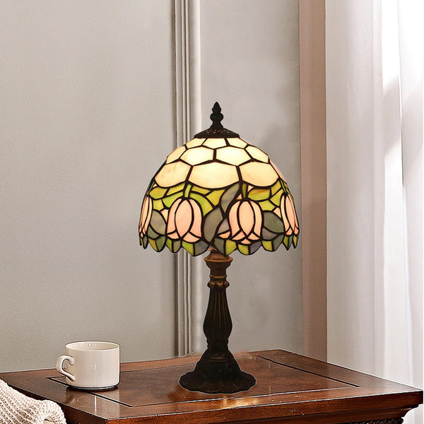 Tiffany Style Stained Glass Table Lamp with Pink Tulip Pattern