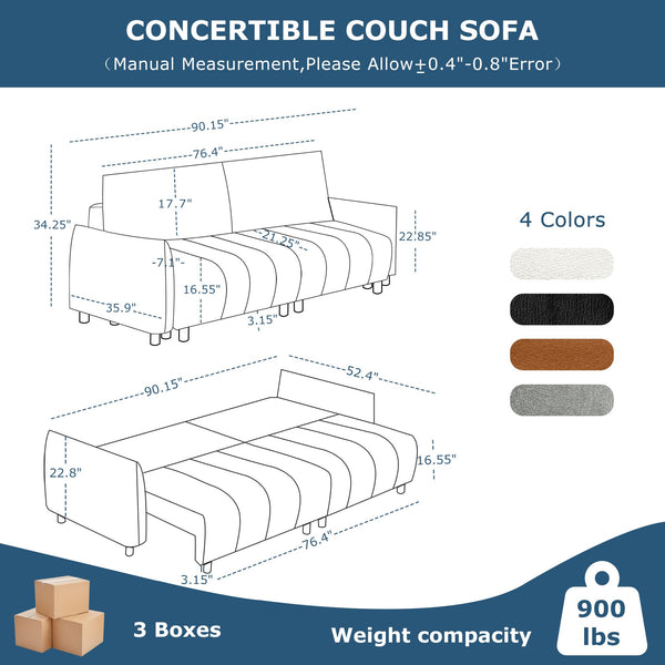 3-Seat Convertible Sleeper Sofa with Storage
