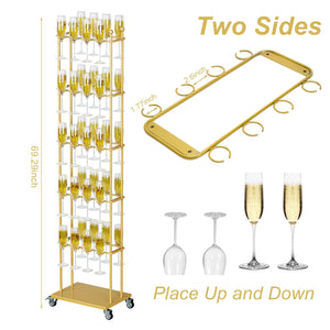 5-Tier Floor Standing Champagne Glass Rack with Wheels – 40-Glass Gold Metal Stand