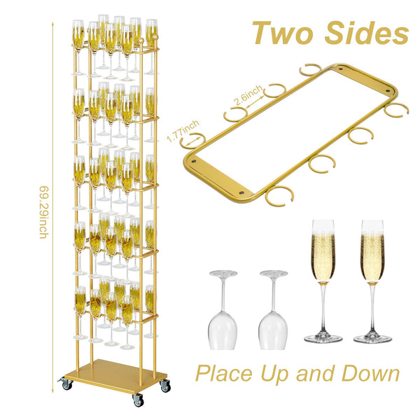 5-Tier Floor Standing Champagne Glass Rack with Wheels – 40-Glass Gold Metal Stand