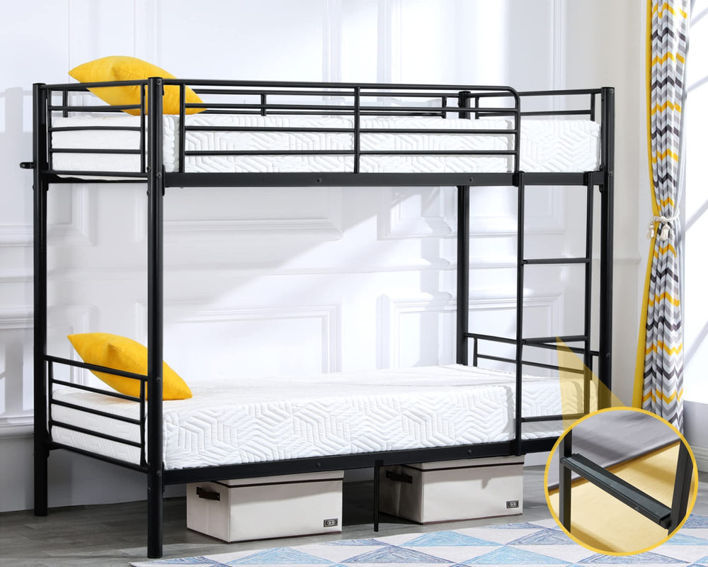 Twin Over Twin Metal Bunk Bed with Flat Ladder & High Guardrail