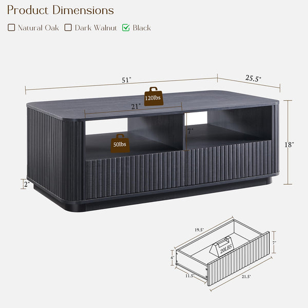 Fluted Coffee Table with Storage & 2 Drawers
