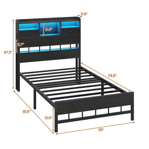 Twin Bed Frame with Headboard, LED Lights & Charging Station