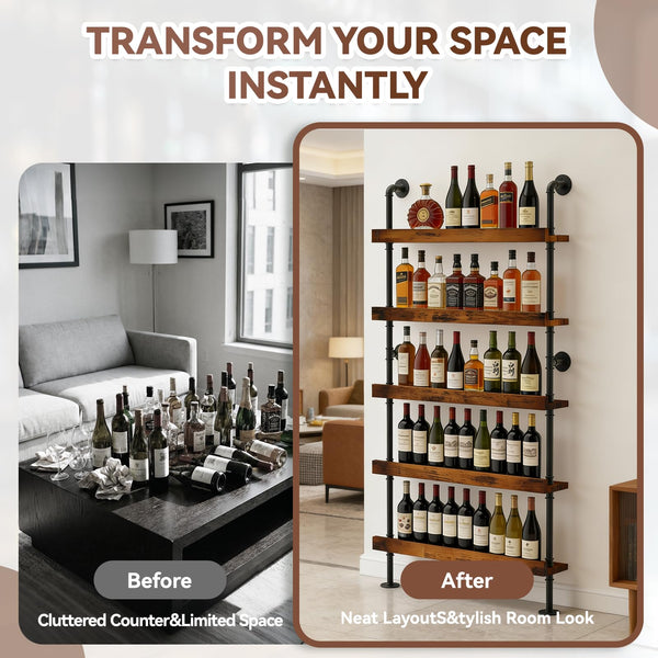 5-Tier Wall Mounted Wine Rack with Industrial Pipe Bar Shelves