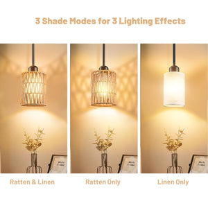 Rattan Boho Pendant Light with Linen Shade & Iron Rods | Adjustable Height