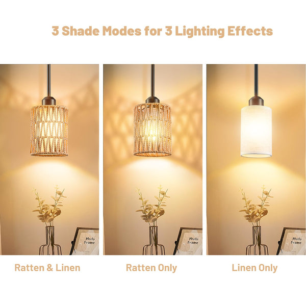 Rattan Boho Pendant Light with Linen Shade & Iron Rods | Adjustable Height