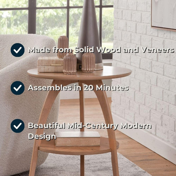Round Wood End Table with Lower Shelf