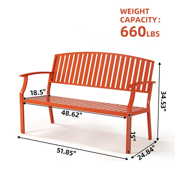 Eongdn 52" Outdoor Garden Bench Weatherproof, Rust-Resistant Aluminum Metal 2-Person Garden Bench with 660 lbs Weight Capacity, Patio Benches for Outdoors Porch, Patio, Backyard and Park (Orange)