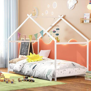 Kids House Bed Frame Twin Size with Storage Rack and Caddy