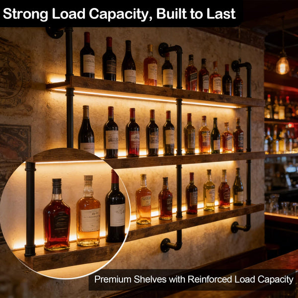 55" Wall Mounted Wine Rack with LED Lights – 3-Tier Industrial Floating Shelf