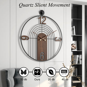 Large Round Wall Clock – Wood & Metal Frame, Silent Non-Ticking