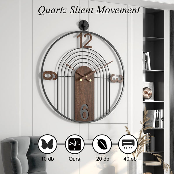 Large Round Wall Clock – Wood & Metal Frame, Silent Non-Ticking