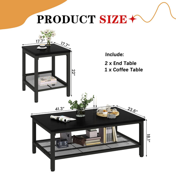 Industrial Coffee Table Set of 3 with 2 End Side Tables