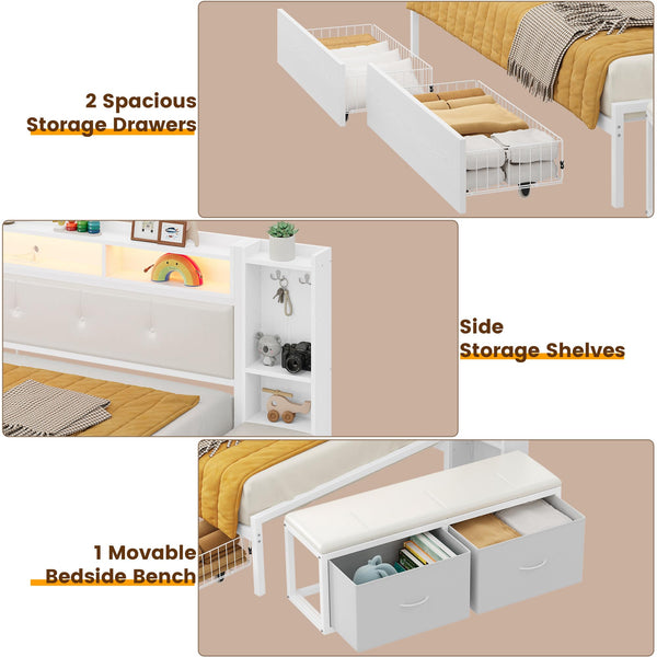 Twin Corner Daybed Frame with Storage Drawers, Charging Station & Bookcase Headboard