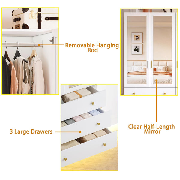 3-Door Armoire Wardrobe with LED Lights, Mirror & Drawers