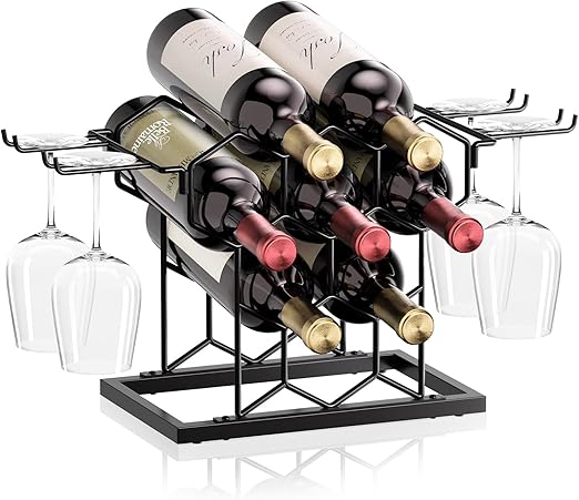 Countertop Wine Rack with Glass Holder and Wooden Tray