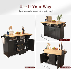 Rolling Kitchen Island with Drop Leaf Countertop & Power Outlets