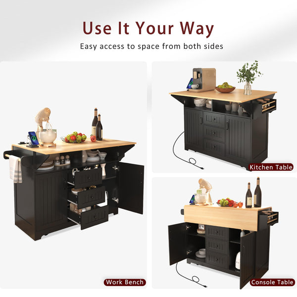 Rolling Kitchen Island with Drop Leaf Countertop & Power Outlets