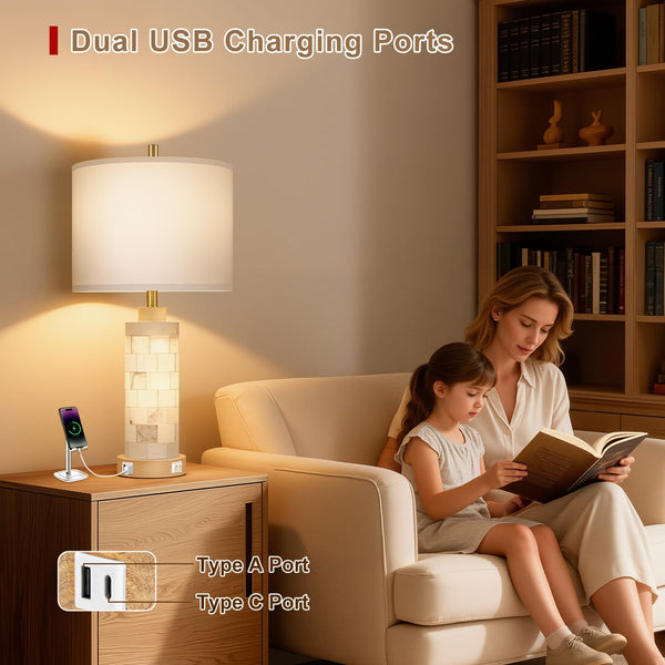 Alabaster & Wood Table Lamp Set of 2 with USB Ports & Night Light