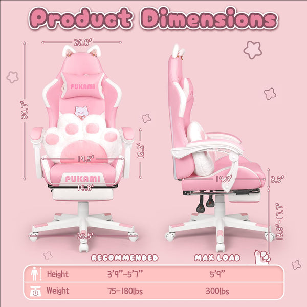 Kawaii Cat Gaming Chair with Footrest & Recliner