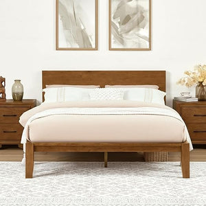 Japandi Solid Wood Platform Bed Frame with Optional Headboard