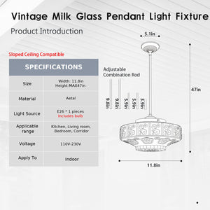 Vintage Milk Glass Pendant Light – White Floral, E26