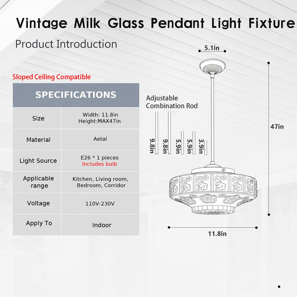 Vintage Milk Glass Pendant Light – White Floral, E26