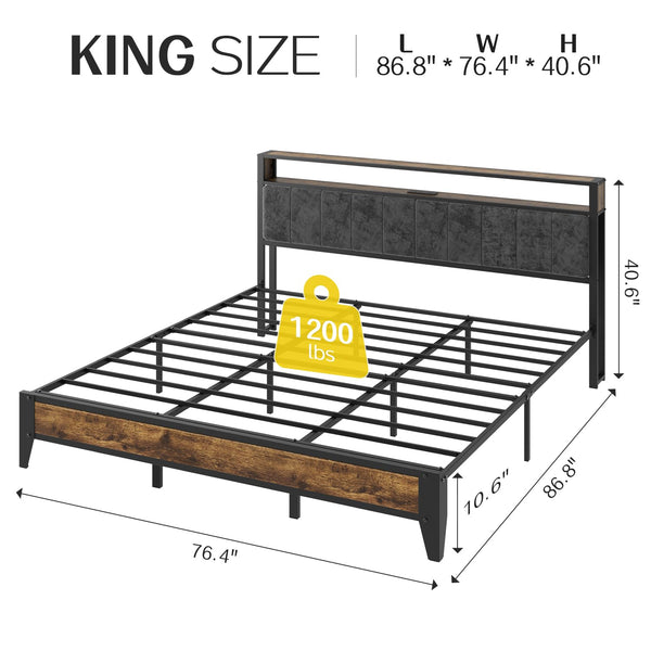King Bed Frame with LED Headboard & Charging Station