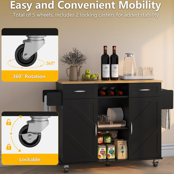 Rolling Kitchen Island with Storage Cabinet & Drop Leaf