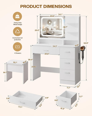 LED Makeup Vanity Desk with Mirror & Charging Station