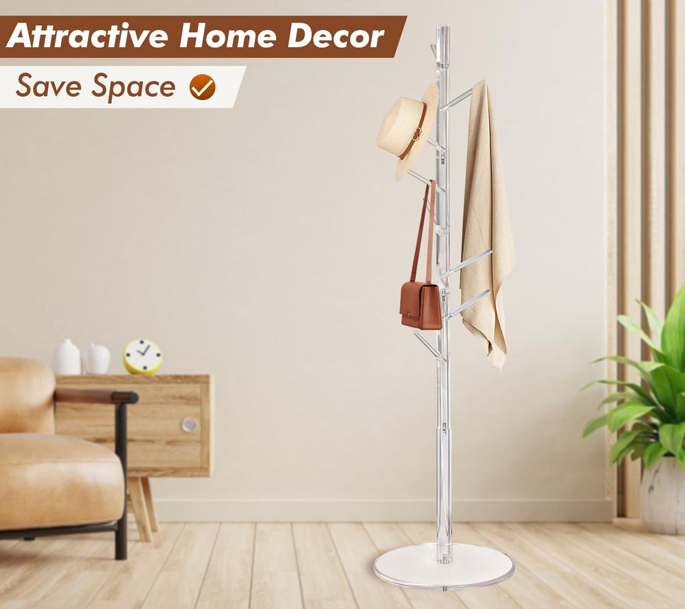 Acrylic Corner Coat Rack Stand with 8 Hooks – Adjustable Height Tree Shelf
