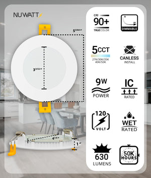 4 Inch Ultra-Thin Canless LED Recessed Downlight 5CCT Dimmable 6-Pack