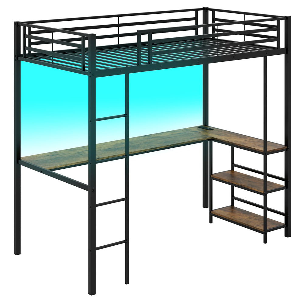 Twin Size Metal Loft Bed with Desk, LED Lights & Charging Station