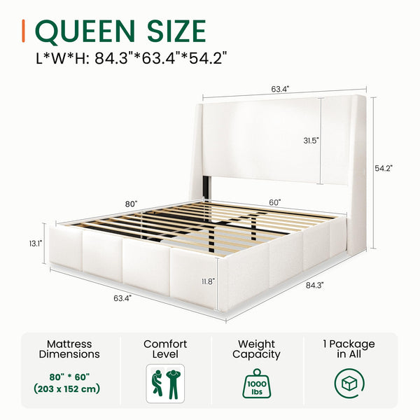 Queen Wingback Upholstered Platform Bed Frame