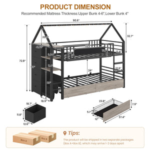 Twin Over Twin House Bunk Bed with Storage Drawers & String Lights