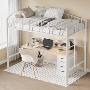 Metal Loft Bed Twin Size with Guardrail & Ladder