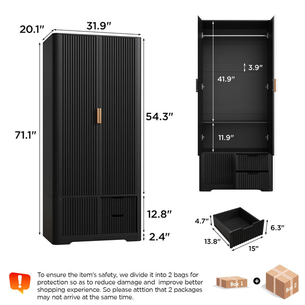 71" Tall Armoire Wardrobe with Drawers & Sliding Cabinet
