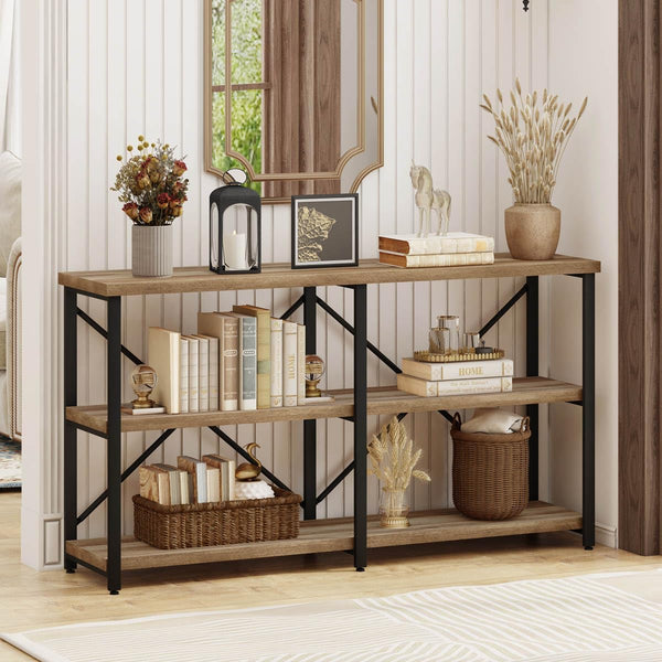 Industrial Console Table with Shelves – 55 Inch Vintage Oak