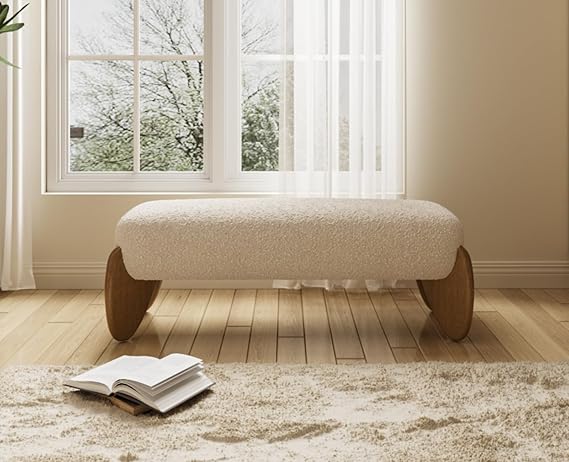Bouclé Upholstered Bench with Scalloped Wooden Legs – 50 Inch