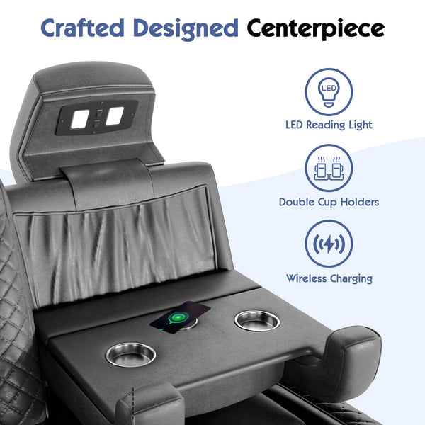 Power Reclining Home Theater Sofa – 3-Seat Leather with USB & Wireless Charging