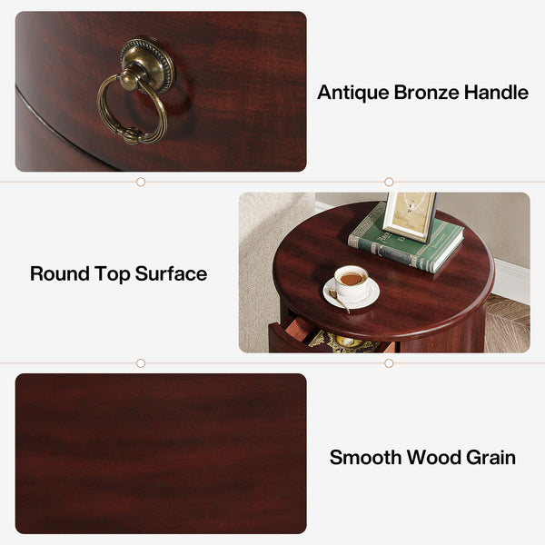 Round Solid Wood Side Table with 4 Drawers – Set of 2