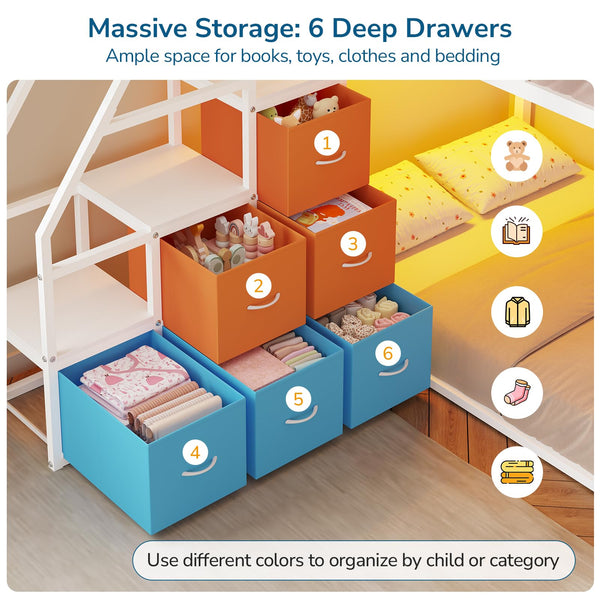 Twin Over Twin Low Bunk Bed with Storage Drawers and LED Lights