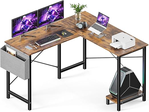 L-Shaped Corner Computer Desk with CPU Stand and Side Storage Bag