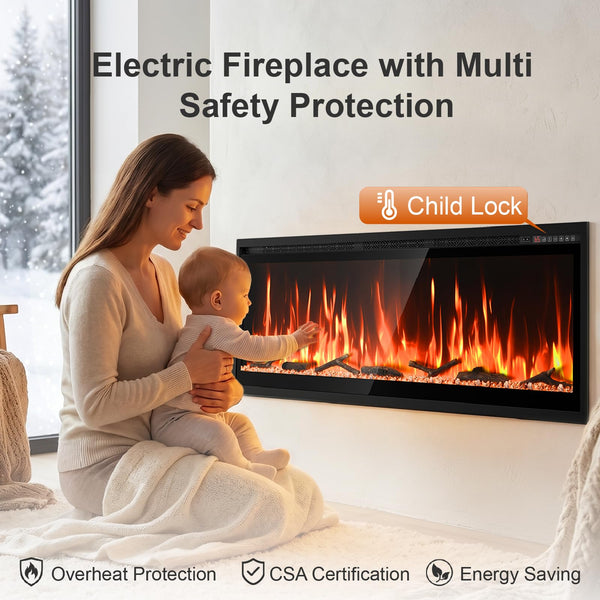 60" Smart Electric Fireplace – Wall Mount or Recessed, App & Voice Control