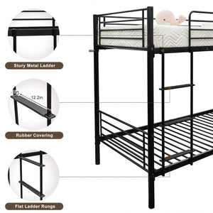 Twin Over Twin Metal Bunk Bed with Flat Ladder & High Guardrail